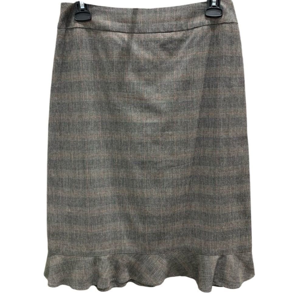 Dkny wool blend plaid ruffled skirt grey tan size 2